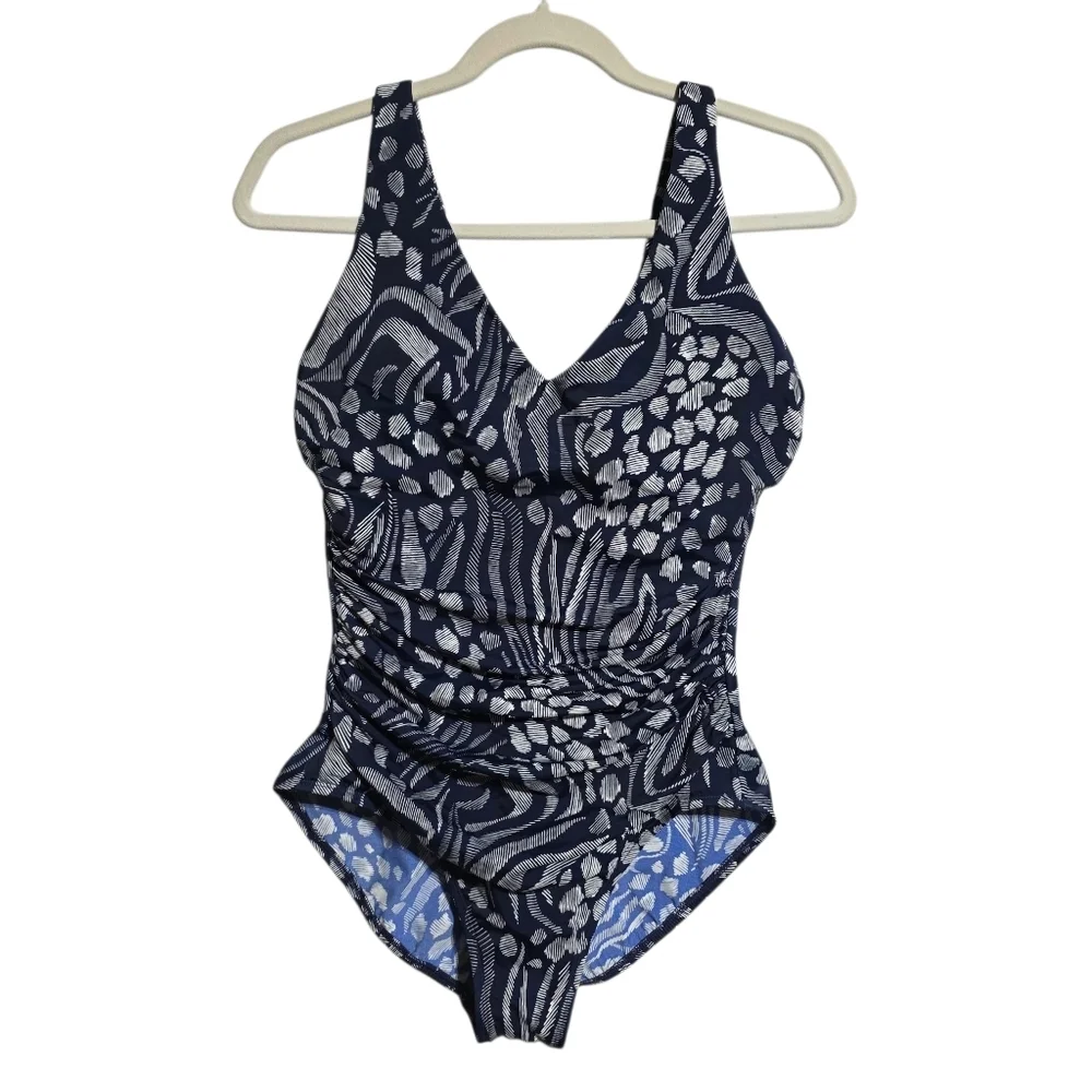 EUC MIRACLESUIT BLOCKBUSTER NAVY WHITE SWIMSUIT SZ12
